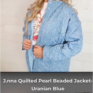 J.NNA Quilted Jacket Pearl Beaded Snap Up Uranian Blue Denim Coat Women's Medium
